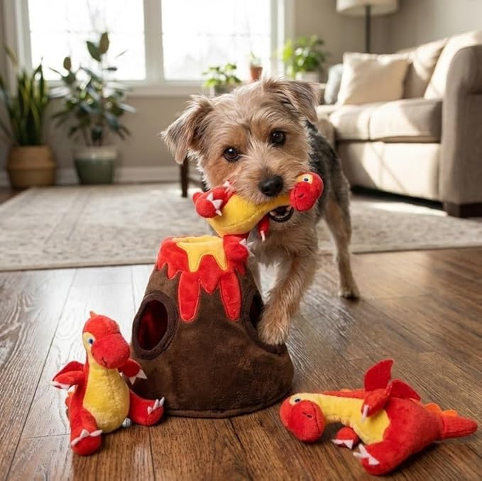 MODERN WAVE - Interactive Squeaky Plush Hide and Seek Squirrel Type Puzzle Toy for Dogs, Medium Size (Volcano and Dragons)