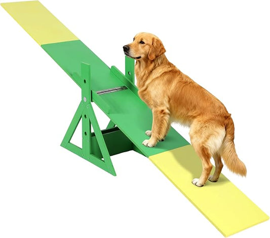 94.5" Adjustable Dog Agility Seesaw 4-Level Height Training Teeter for Small to Large Dogs Sturdy Wooden Dog Agility Equipment with Non-Slip Surface for Backyard Exercise Confidence Course (Seesaw)