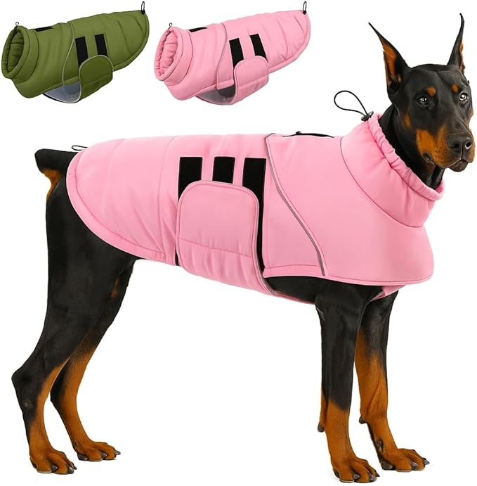 ASENKU Extra Warm Dog Coat - Winter Jacket with Fleece, Reflective, Adjustable, Zippered Leash Hole for Large Dogs, Turtleneck (Pink, 3XL)