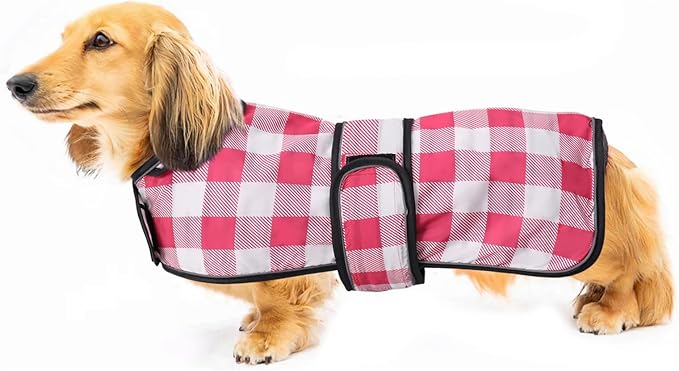 Dachshund Raincoat Corgi Raincoat Dogs Waterproof fit for Dachshunds Weiner Long Back Breeds with Reflective Stripe Great Coverage in Autumn Winter - Pink Plaid - L