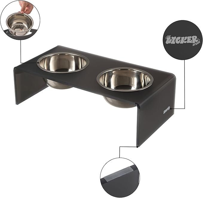 THE LICKER Store DBL2001J Keaton 7.5" Medium/Large Modern Acrylic Rectangular Elevated Pet Feeder with 54oz 2-Stainless Steel Bowls, Dark Gray/Chrome