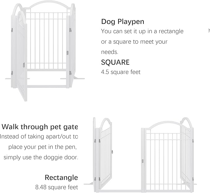 BHG Metal No-Assembly Freestanding Dog Gate with Door Walk Through, Extra Wide 96", Extra Tall 32" Pet Gate, Accordion Puppy Folding Playpen Dog Fence, with 2PCS Support (White, 4 Panels)