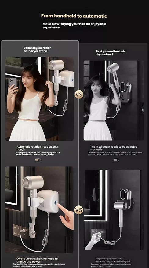 Automatic Rotating Hair Dryer Stand, Hands Free Blow Dryer Holder with 360° Auto Oscillation & Left-Right Swivel, Wall Mounted No Drilling, One-Button Start, for Styling, Pet Grooming & Phone Time
