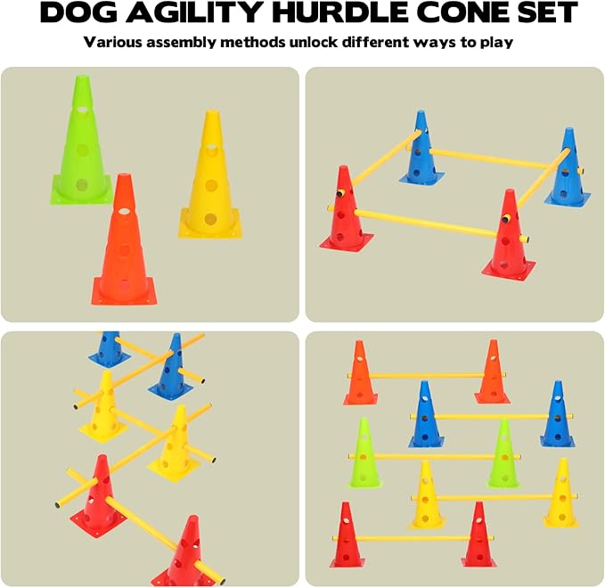 Dog Agility Hurdle Cone Set, 10er 12.5Inch Color Agility Cones and 5er 31.5Inch Agility Rods, Equipment Obstacle Course Backyard Equipment for Pet Exercise
