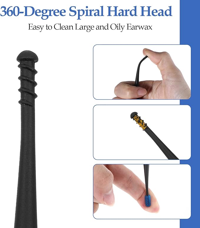 Gjinxi 12PCS Q-Grips Ear Wax Removal-Spiral Ear Wax Removal Tool, Reusable Earwax Removal Kit Safe Ear Cleaner, Soft Silicone Double Sided Head Ear Wax Removal Kits for Olders Adult Kids(Blue,Black)