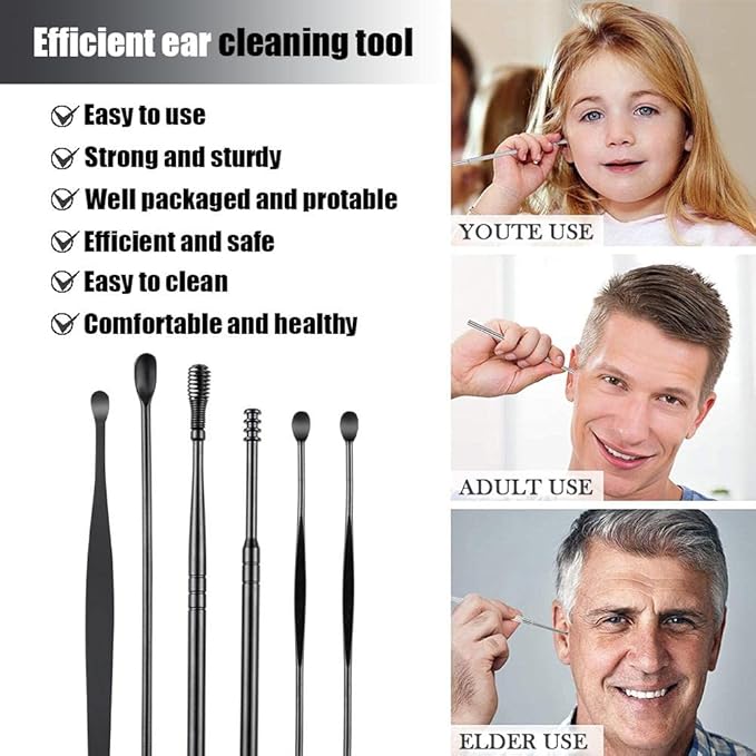 Spring Ear Cleaning Tool Kit - Contains 6 Pieces of Adult Spiral Ear Wax Remover, Ear Picker, Ear Wax Remover, Etc. -Ear Wax Removal Kit with Housing - Black