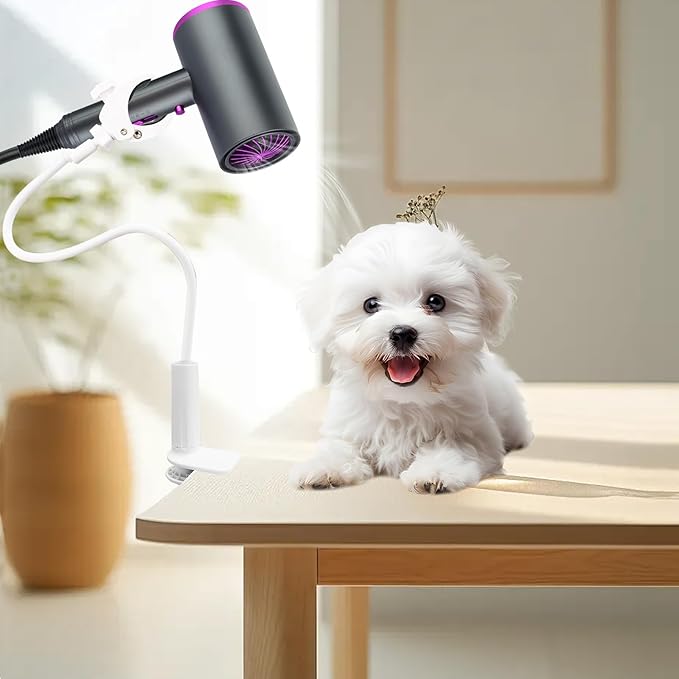 Dog Hair Dryer Holder, Black Alloy Flexible Hair Dryer Stand 360° Rotating Hands-Free Stand with Adjustable Clamp, for Pet Dog Cat Grooming (White)