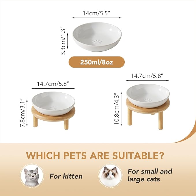 Havniva Elevated Cat Bowls Raised Ceramic Cat Bowl, 5.9” Wide Opening Cat Food Bowl Whisker Friendly Cat Dish Anti-Slip with Bamboo Stand, Shallow Pet Food & Water Bowl for Indoor Cats