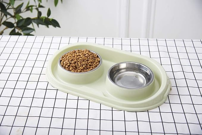 Double Dog Cat Food Bowls, Stainless Steel Pet Bowls Dog Water Bowls with No-Spill and Non-Skid PP Station, Food Water Feeder for Cats and Small Dogs