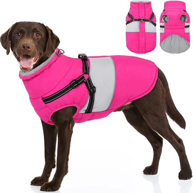 Dog Coat, XXXL Dog Jacket Winter with Harness Built in, Waterproof Pet Snow Jacket with Furry Collar for Chilly Day, Reflective Fleece Snowsuit for Extra Large Dogs, Hot Pink 3XL