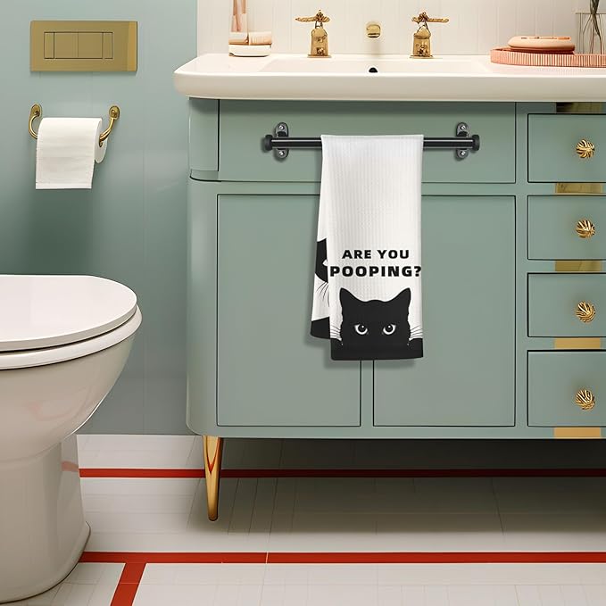 Quick-Drying Humorous Bathroom Hand Towel with Playful Black Cat Design - Quirky 'are You Pooping' Inspired Artwork Decorative Towel for Bathroom, Funny Feline Lover Gifts for Cat Ladies