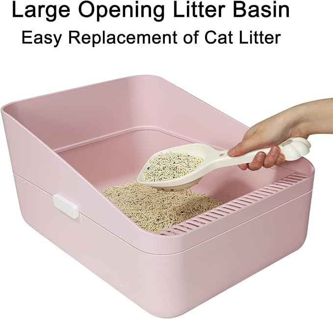 Sfozstra Pink Open High-Sided Cat Litter Box - Medium, Anti-Scatter & Low Tracking, Raised Enclosure Leak-Proof, Easy-Clean ABS Material, for Cats Up to 13 lbs