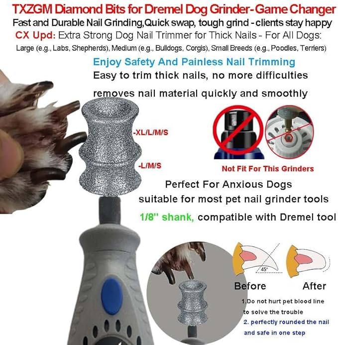 Diamond Dog Nail Grinder Bit Compatible with Diamondg & Dremel 7760 & 7350, 1/8'' Stress-Free Replacement Head Attachment, Ideal for Medium, Large & XL Dogs, Thick Nail Grooming, 2-Pack