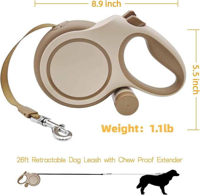 26ft Retractable Dog Leash for Large Dogs with Poop Bag Holder,Heavy Duty Retractable Dog Leash with Chew Proof Extender,One-Hand Lock System,Impact-Resistant,Up to 110 lbs (Khaki)