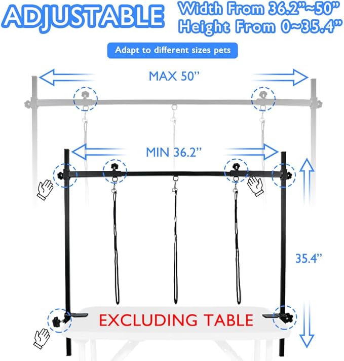 LEIBOU H-Shape Dog Grooming Arm Pet Supplies Grooming Table Arm with 3 Noose and Clamp Heavy Duty Aluminum Alloy Frame with 35.4” Adjustable Height and 36.2” ~ 50” Adjustable Width Dog Grooming Kit
