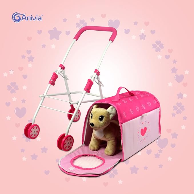 ANIVIA Pet Stroller and Accessories for Kids Ages 3 to 7 Year Olds, Dog Toy for Toddlers, 2 Pieces Play Dog Set, Puppy Party Playset with 1 Pet Puppy Included Pink