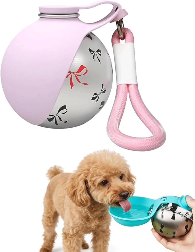 Portable Dog Water Ball, 2-in-1 Foldable Pet Water Bottle, Large-Capacity 304 Stainless Steel Cup with Foldable Silicone Bowl, Leak-Proof & Travel-Friendly, Suitable for Walks and Hiking (Pink2)