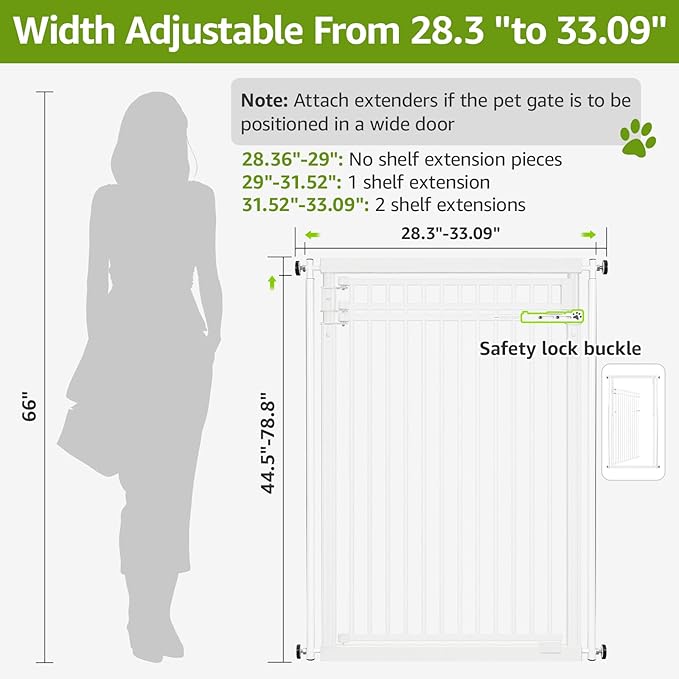 78.8" Extra Tall Pet Gate for Cat/Dog, 28.3-33" Wide Tall Cat Gate for Doorways/Hallways, NO Drilling Pressure Mounted Dog Gate for Stairs, Studio, Kitchen (White)