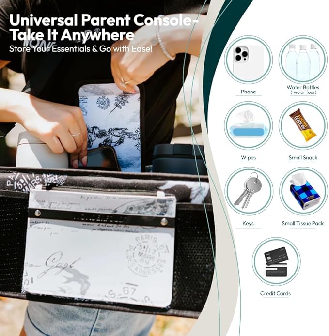 WONDERFOLD Universal Parent Console Stroller Organizer with Insulated Cup Holders, Hook & Loop Closure Handle Attachment, 2 Storage Pockets, Removable Shoulder Strap for Easy Transport