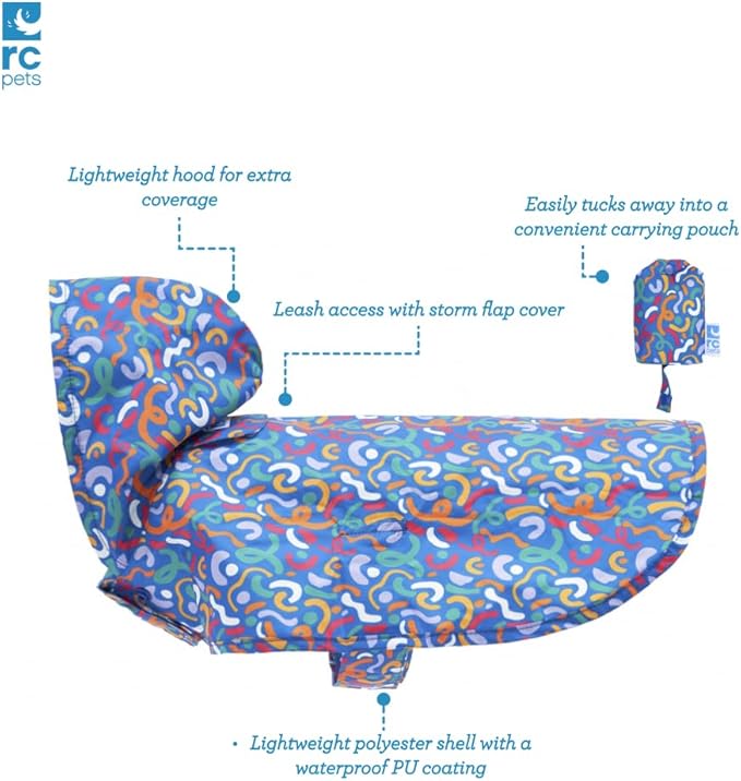 RC Pets Packable Rain Poncho | Lightweight Waterproof Dog Raincoat | Portable & Adjustable Fit | Size XS, Squiggles