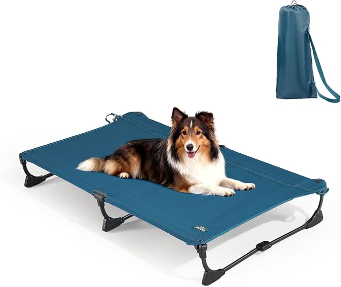 CANINE CANYON Folding Raised Dog Cot, Large Outdoor Elevated Dog Bed with Upgraded Non-Slip Feet, Cooling Chew Proof Portable Heavy Duty Pet Cot Up to 160 lbs for Camping/Home, Dark Blue, 43"x27"