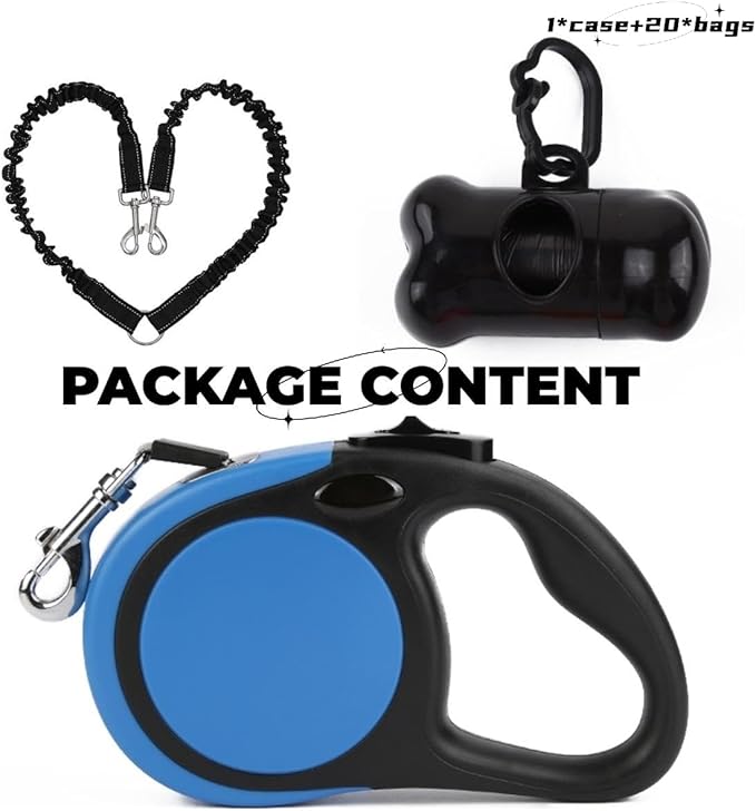 Dual Retractable Dog Leash for Large Dogs (Up to 110 Lbs Each) - Double Headed 18.5 ft Extendable Pet Leash with Poop Bags, Non Slip Grip - One Button Break & Lock, 360 Tangle-Free (Blue, Large)