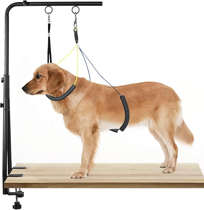 Adjustable Dog Grooming Arm with Dual Clamp, 23″–35″ Height, Dog Grooming Table Arm with Hammock and No-Sit Holder, Grooming Restraint for Small Medium Dogs at Home or Salon