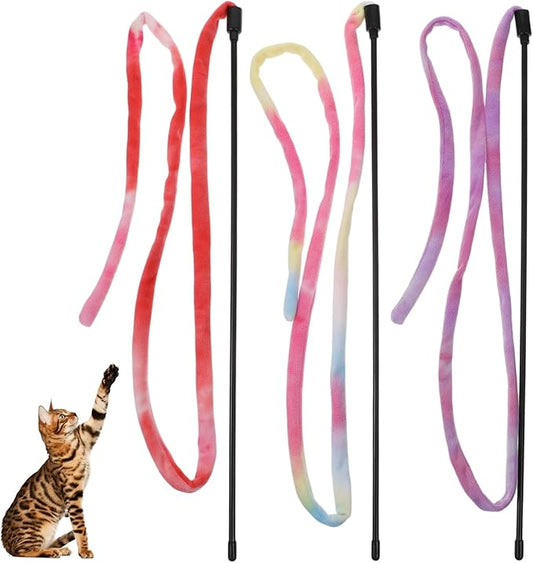 3 Pack Cute Cat Toy Wands Interactive Cat String Toys for Indoor Cats, Colorful Ribbon Cats Teaser Wand Ribbon Toys