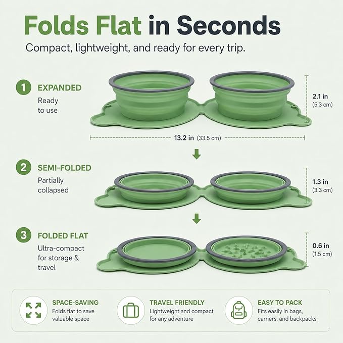 Collapsible Dog Bowls, 2-in-1 Silicone Pet Food and Water Bowl with Carabiner - Portable Double Compartment Travel Dish for Dogs, Ideal for Camping, Hiking, Car Rides, Puppy Essentials(Green)