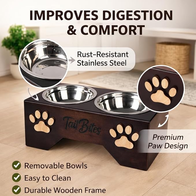 Raised Dog Bowls for Medium Sized Dogs – Wooden Elevated Dog Feeder Stand with 2 Stainless Steel Bowls + Chew Treat (14” x 7” x 6”)