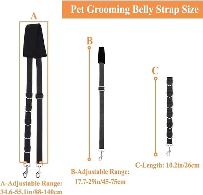 ASOCEA Dog Grooming Belly Strap Dogs Grooming Table Arm Extender Loop with D-Rings Adjustable Bathing Restraint Leash No Sit Haunch Holder for Small & Medium Dog Cat Hair Cutting Washing (Black)