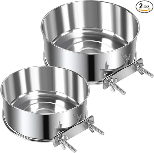 2 Pcs Large Pet Dog Food Water Bowl for Cage Stainless Steel Non-Spill Kennel Hanging Cats Bowls with Clamp Holder Crate Feeder Dish for Medium Large Dogs Huge Pets (7.1x2.5'' & 6.3x2.4'')