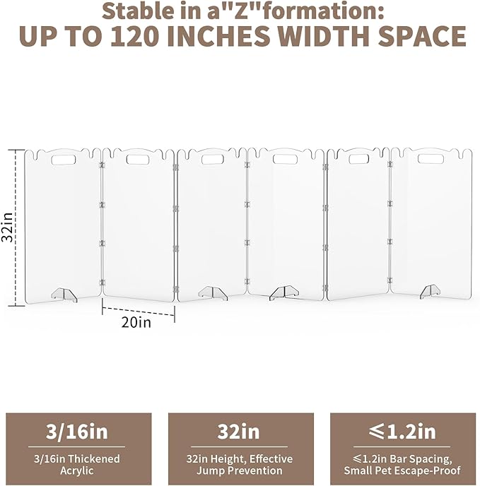 Clear Acrylic Dog Pet Gate - 99% Transparency Gentle Bond Seamlessly with Your Home - 32in Tall Foldable Freestanding No-Drill Tool-Free Assembly - for Small to Large Dogs Cats Indoor Stairs Doorways