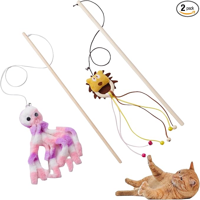 NOWFRESH Cat Wand Toy Set, 2 PCS Interactive Cat Teaser Wands with Cute Octopus & Lion Designs, Equipped with Bells and Streamers to Captivate Your Cat’s Attention