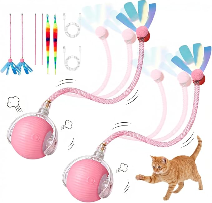 Rechargeable Smart Rolling Cat Ball, Automatic Interactive Cat Toy with 3 Modes, LED Light & 3 Replaceable Accessories, Indoor Cat Exercise Toy for Kittens & Adult Cats, for Boredom Relief pink+pink