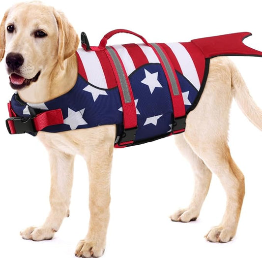 EMUST Dog Life Vest for Boating, Adjustable Ripstop Large Dog Life Jacket Vest with Rescue Handle for Pool Beach Boating (L, StripMermaid)