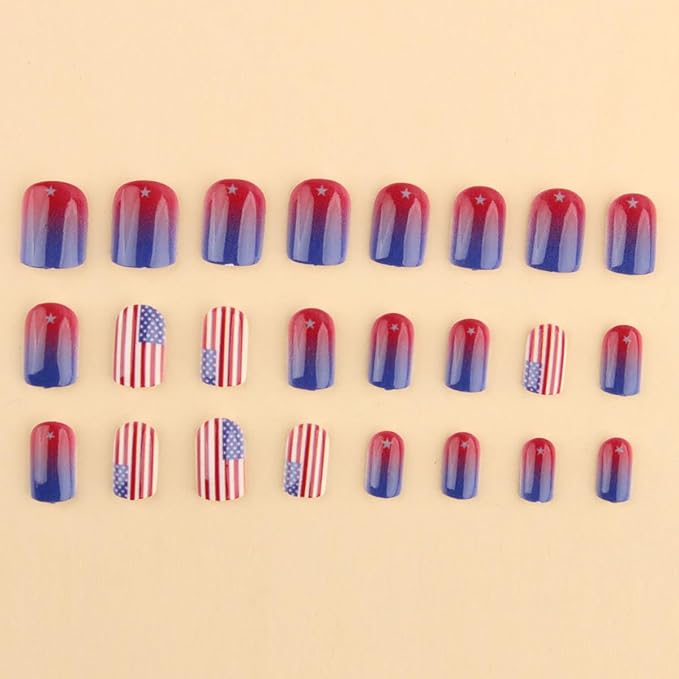 yefiuo 4th of July Press on Nails Short Square Ombre French Fake Nails Press ons Flag Acrylic False Nails Glue on Nails Reusable Nail Tips Kit Full Cover Stick on Nail Supplies for Women Girls 24Pcs