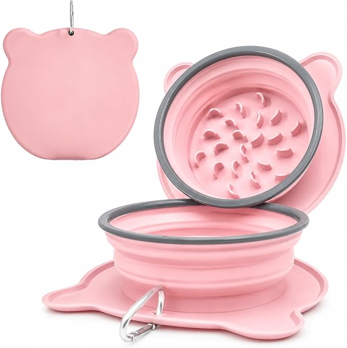 Collapsible Dog Bowls, 2-in-1 Silicone Pet Food and Water Bowl with Carabiner - Portable Double Compartment Travel Dish for Dogs, Ideal for Camping, Hiking, Car Rides, Puppy Essentials(Pink)