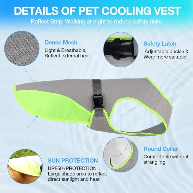 Dog Cooling Vest, Lightweight Cool Vest Dogs, Adjustable and Comfortable Cooling Vest for Dogs - UV Protection Breathable Mesh - Summer Dog Cooling Jacket for Hot Weather, L (33-49 lbs), Green