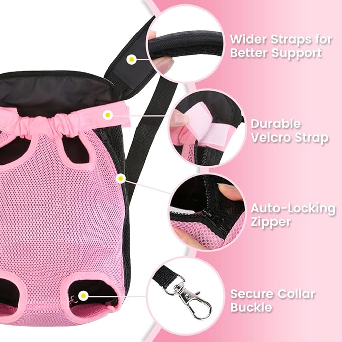 Pet Front Carrier for Small Dogs & Cats, Breathable Legs-Out Riding Carrier for Cycling, Walking & Outdoor Travel, Adjustable Hands-Free Pet Carrier Backpack, Pink
