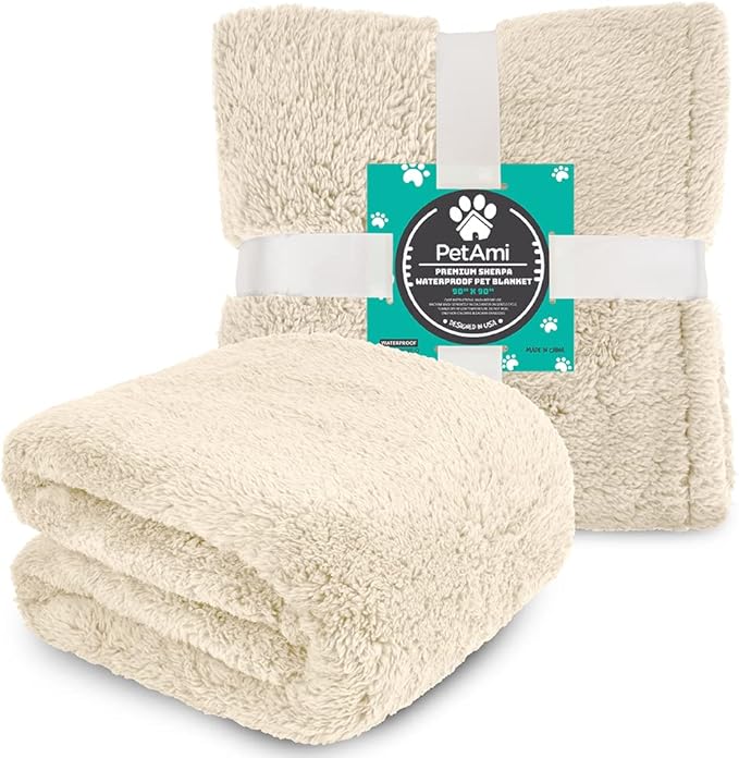 PetAmi Fluffy Waterproof Dog Blanket for Couch and Bed, Reversible Sherpa Pet Throw, Pee Proof Furniture Protector Sofa Cover, Washable Cat Blanket for Medium Large Dogs and Cats (Beige Cream, 90x90)