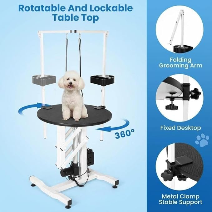 24 Inch Electric Dog Grooming Table with Rotating Desktop, Adjustable Overhead Arm & Foot Remote, 250lbs Heavy Duty Pet Grooming Station for Small Dogs Cats at Home or Salon