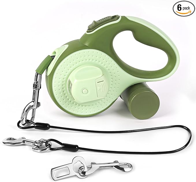 26ft Heavy Duty Retractable Dog Leash for Large Dogs, Dog Leash with Poop Bag Holder, Up to 100lbs, with LED Light, Chew Proof Cable, One-Handed Pause & Lock, 360° No Tangle. (Green, 26Ft)