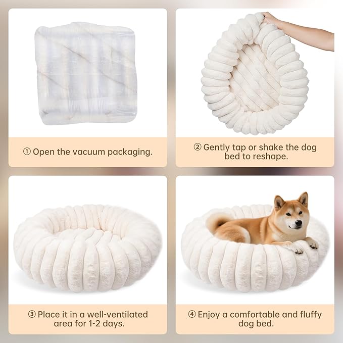 Donut Dog and Cat Bed, Luxurious Comfortable Faux Rabbit Fur Pet Beds, Round Anti-Anxiety Calming Puppy Kitten Bed with Anti-Slip Bottom for Small Medium Dogs & Cats(31", White)