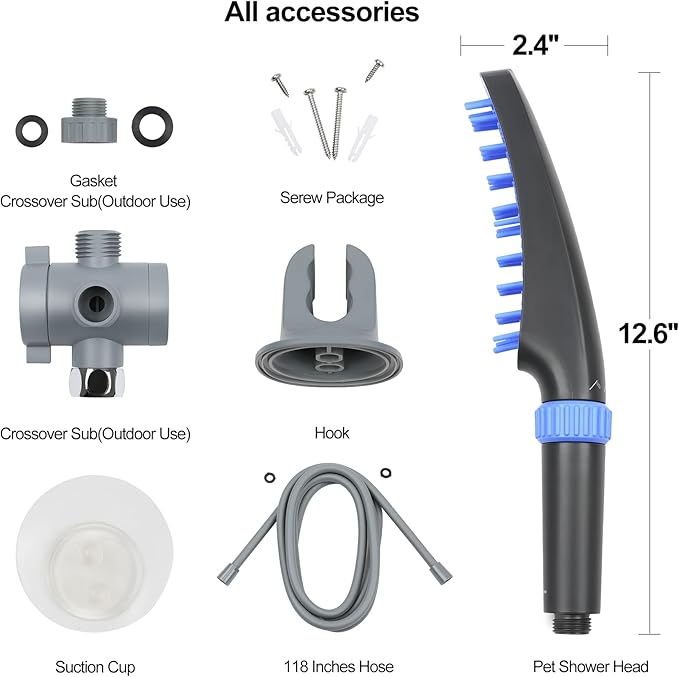 Pet Wand Shower Sprayer, Dog Shower Attachment, 1.8GPM Dog Shower & Bath Accessories with Faucet Head Hook Valve 9.8 Ft Steel Hose for Dogs Cats Bath Indoor Outdoor Blue & Grey