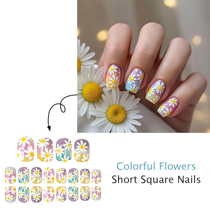 yefiuo Summer Press on Nails Short Square Ombre Fake Nails Press ons Daisy Flowers Acrylic False Nails Glue on Nails Reusable Nail Tips Kit Full Cover Stick on Nail Supplies for Women Girls 24Pcs