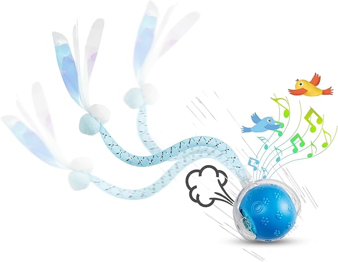 Interactive Cat Toys for Indoor Cats, Fast Rolling, Chirping, Motion Activated Automatic Cat Toy for Enrichment, Smart Cat Ball Toy 1 Count with 2 Tails and 3 Speed Adjustment, Blue