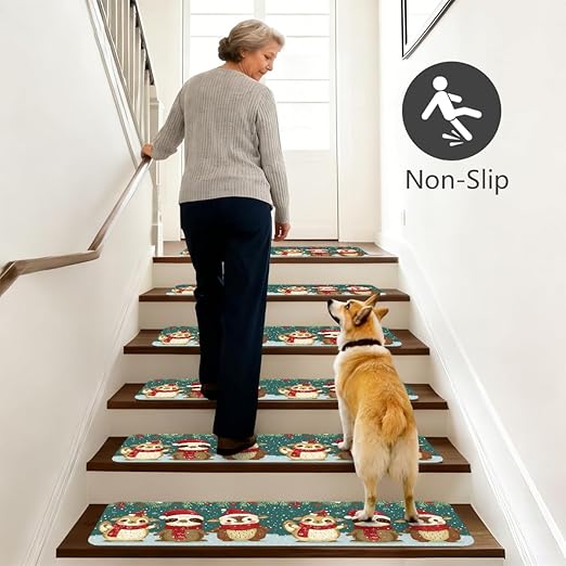 Animal Cute Sloth Christmas Stair Treads for Wooden Steps Indoor Washable Staircase Carpet 15PCS 30"x7.8" Stair Step Treads Non-Slip Staircase Covers Peel and Stick Safety Mat for Kids Elders Pets