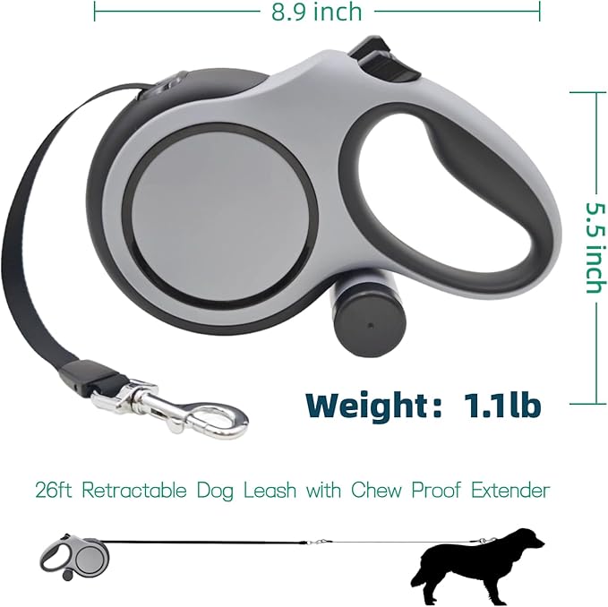 26ft Retractable Dog Leash for Large Dogs with Poop Bag Holder,Heavy Duty Retractable Dog Leash with Chew Proof Extender,One-Hand Lock System,Impact-Resistant,Up to 110 lbs (Grey)