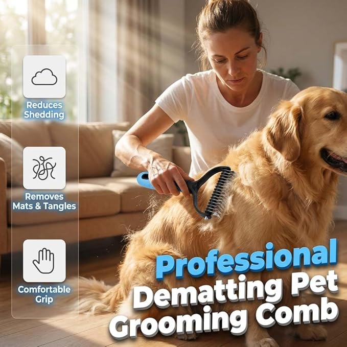 Pet Pro Grooming Tool, Pet Grooming Rake Double Sided Shedding Deshedding Brush for Dogs Cats, Undercoat Rake Dematting Comb for Long Haired Pets with Stainless Steel Teeth